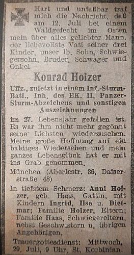 Foto der Traueranzeige Konrad Holzer, gestorben 12.07.1941